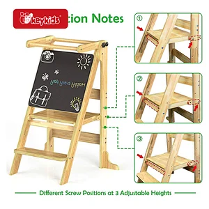 High quality Children Folding Wooden Kitchen Step Stool Helper with Chalkboard W08G390