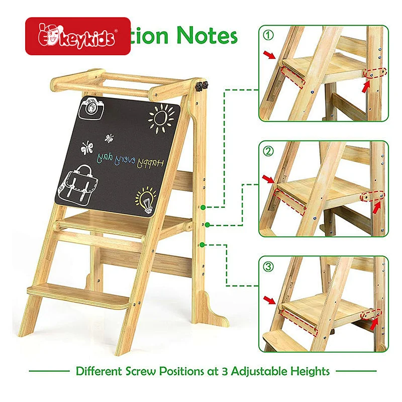High quality Children Folding Wooden Kitchen Step Stool Helper with Chalkboard W08G390