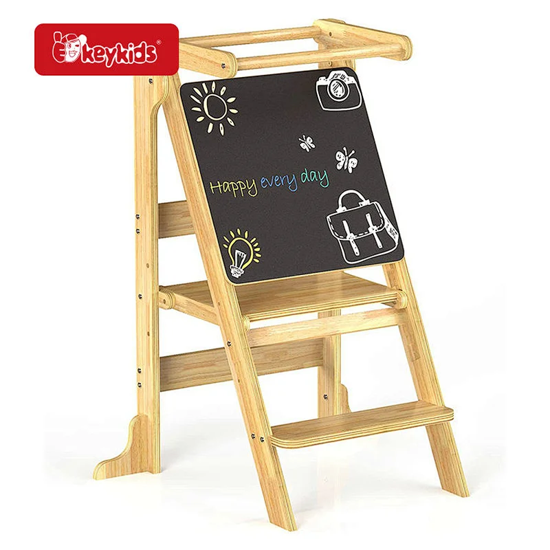 High quality Children Folding Wooden Kitchen Step Stool Helper with Chalkboard W08G390
